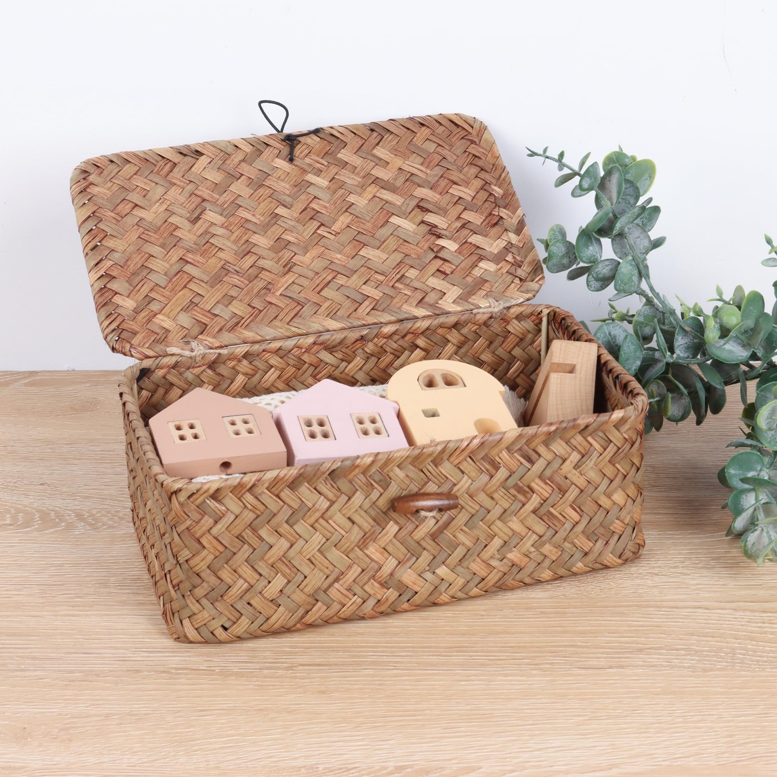 FEIALNDUO Wicker Shelf Baskets with Lid,Seagrass Storage Basket Bins Rectangu... gallery