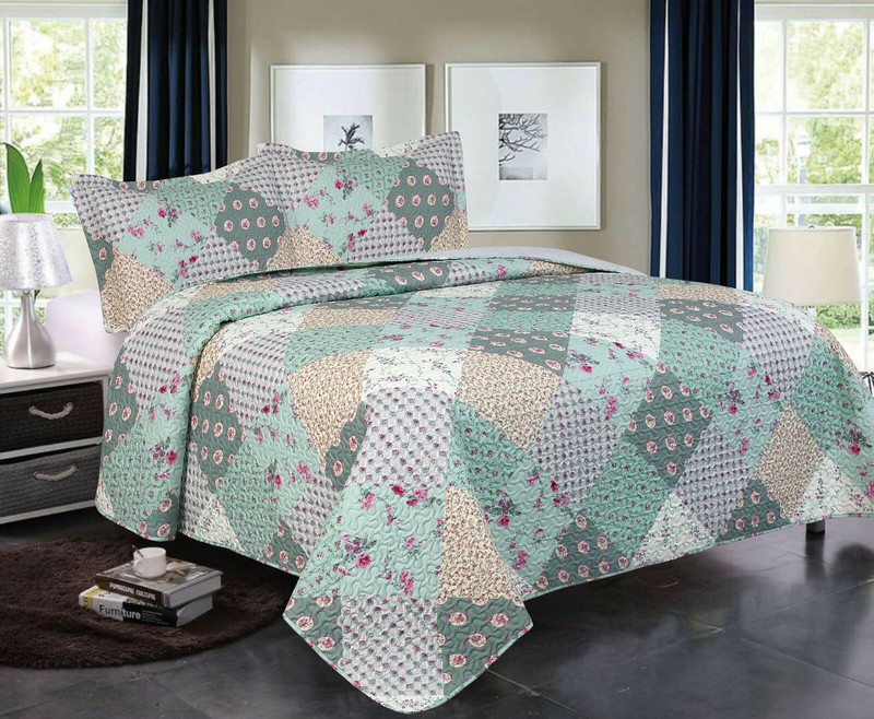 3PCS Queen King Quilt Bedspread Set Floral Patchwork Reversible Coverlet Bedding gallery