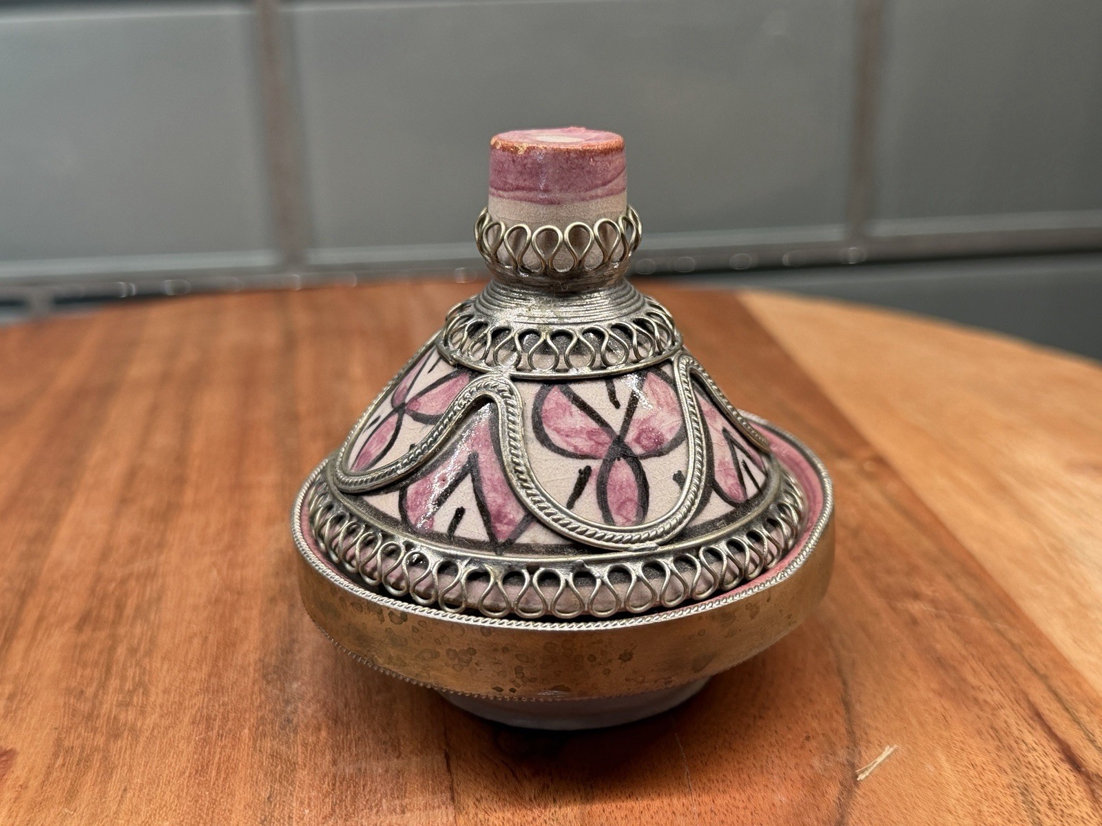 Moroccan Handmade Ceramic Tagine Pot Decorative Metal Pink Design 2-Piece 3" gallery