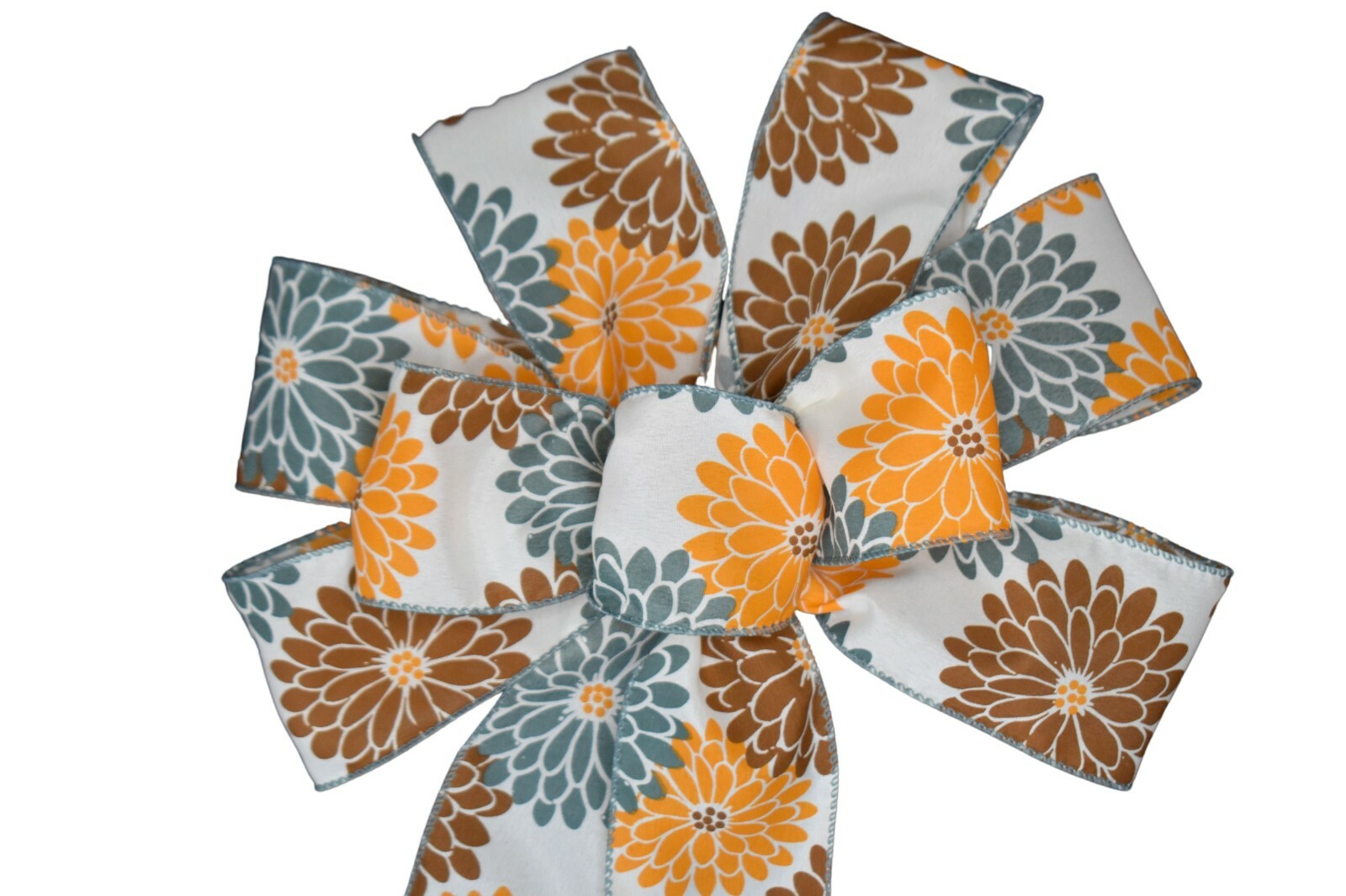 Large 10" Hand Made Orange Brown and Blue Mums Wired Bow Autumn Fall Wreath gallery