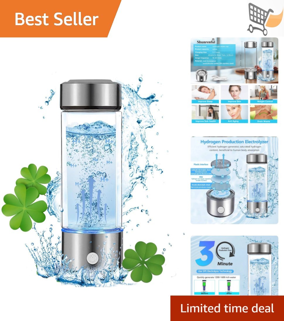 Hydrogen Water Ionizer Portable Glass Bottle Rechargeable 420ml for Wellness gallery