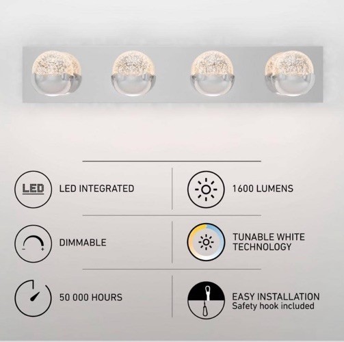 Artika Oracle 27 in. 4-Light CCT LED Chrome Bathroom Vanity Light w/Bubble Glass gallery