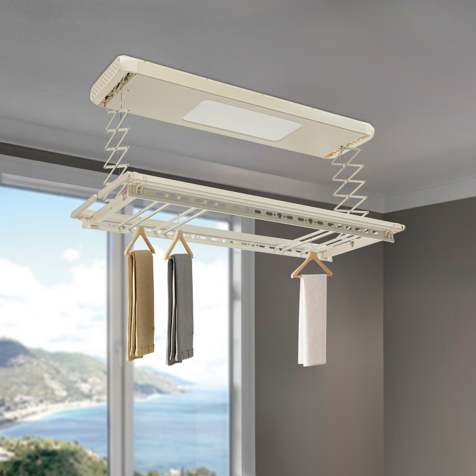 Ceiling-mounted Clothesline, Resealable Vertical Drying Rack W/ Light 8 Rods gallery