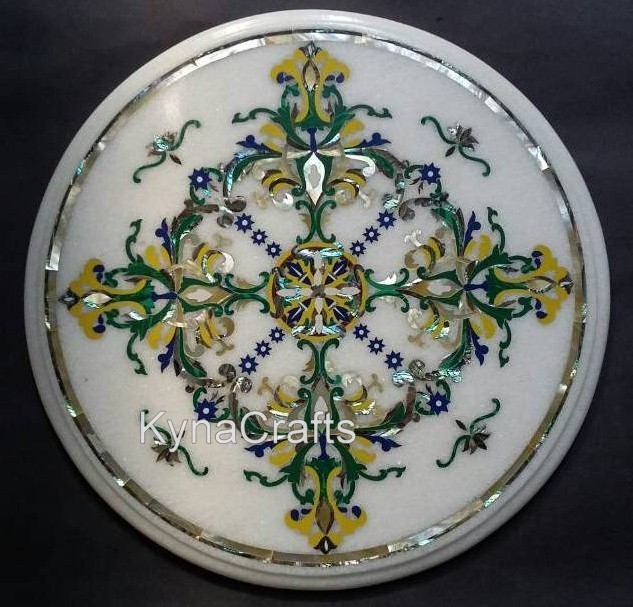 15 Inches Round Marble Corner Table Shiny Gemstone Inlay Work Coffee Table Top gallery