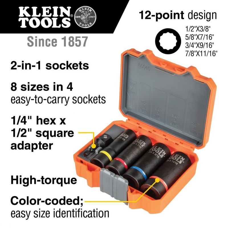 Klein Tools 66040 2-in-1 Impact Socket Set, 12-Point, 5-Piece gallery