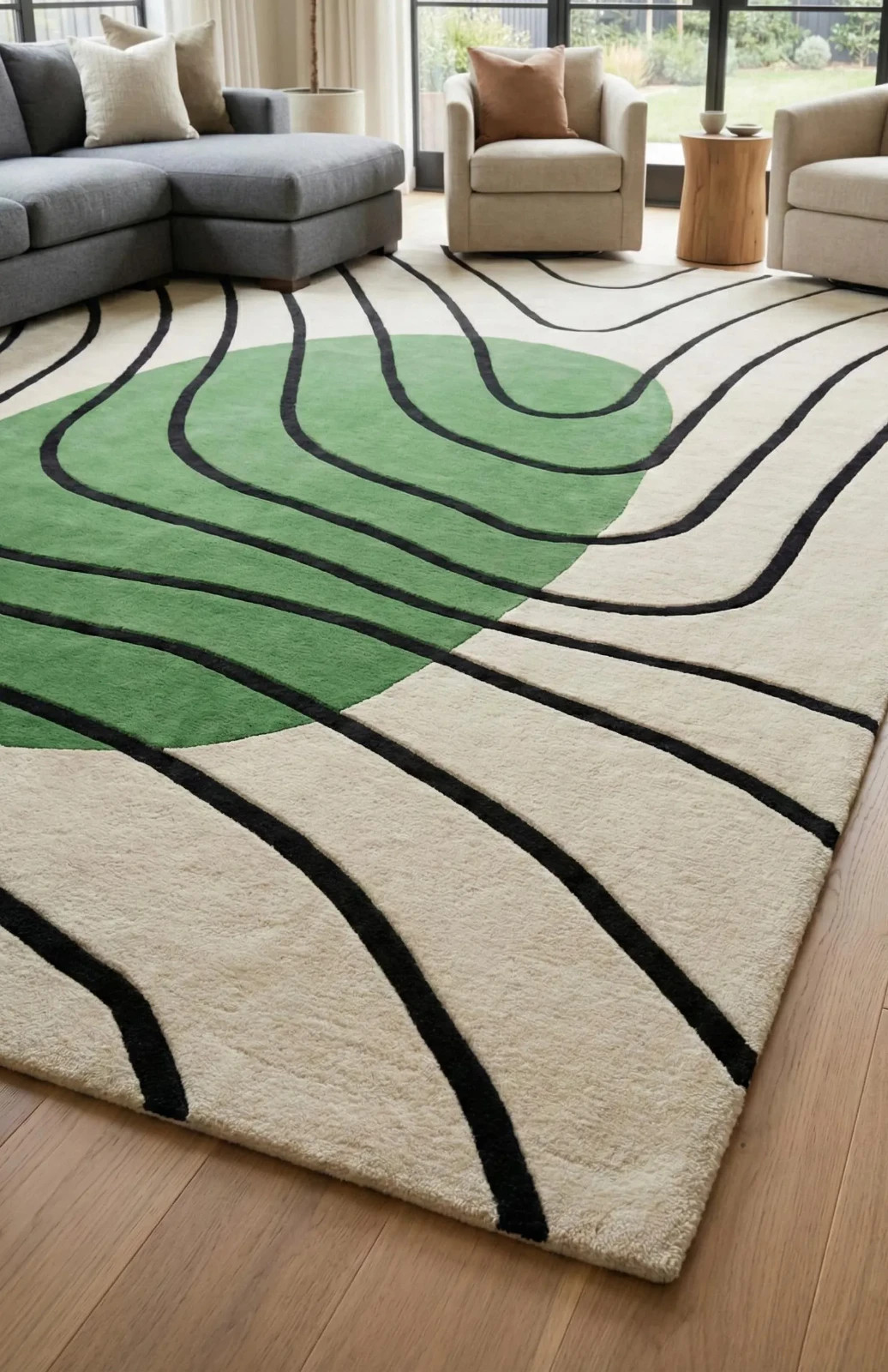 Modern Abstract Green Circle Rug Minimalist Wavy Line Area Rug, Contemporary 5x8 gallery