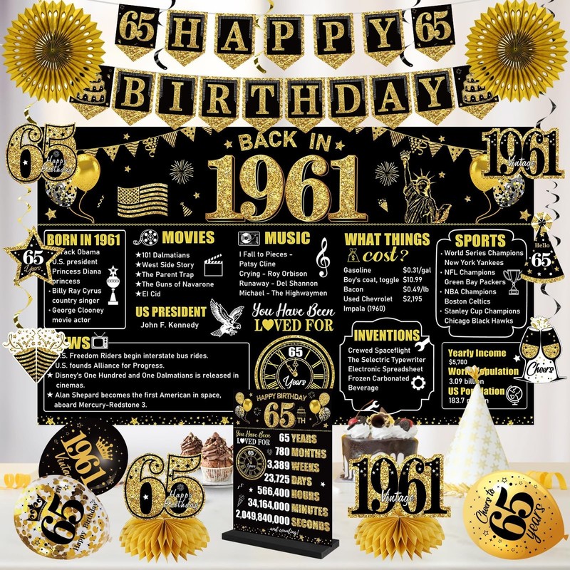 65th Birthday Decorations Kit for Men Women, Black Gold 24PCS Back in 1961 Ba... gallery