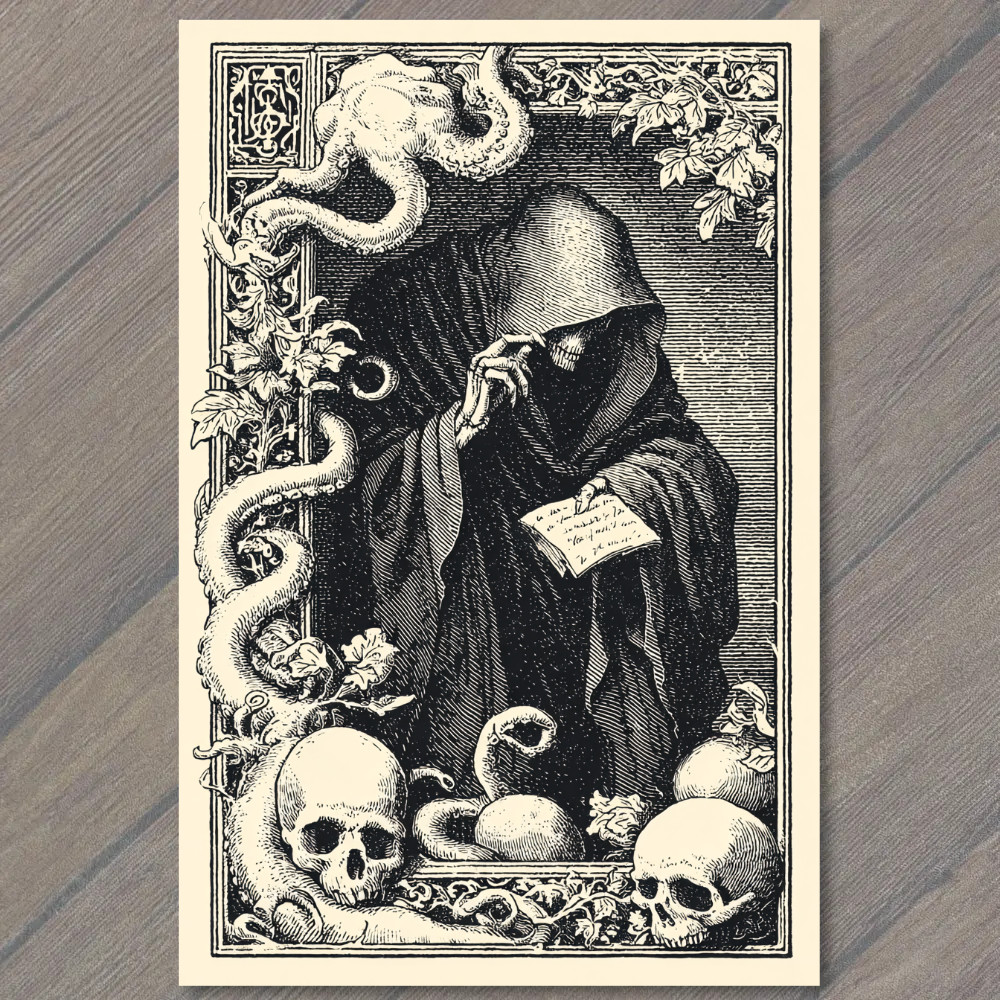 Art Print Hooded Figure Reading Surrounded Skulls Tentacles Gothic Dark Fantasy gallery