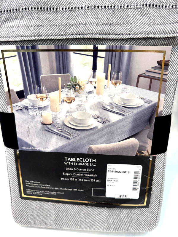 Fieldcrest Luxury Herringbone Tablecloth Gray Linen Blend Hemstitch 60" x 102" gallery