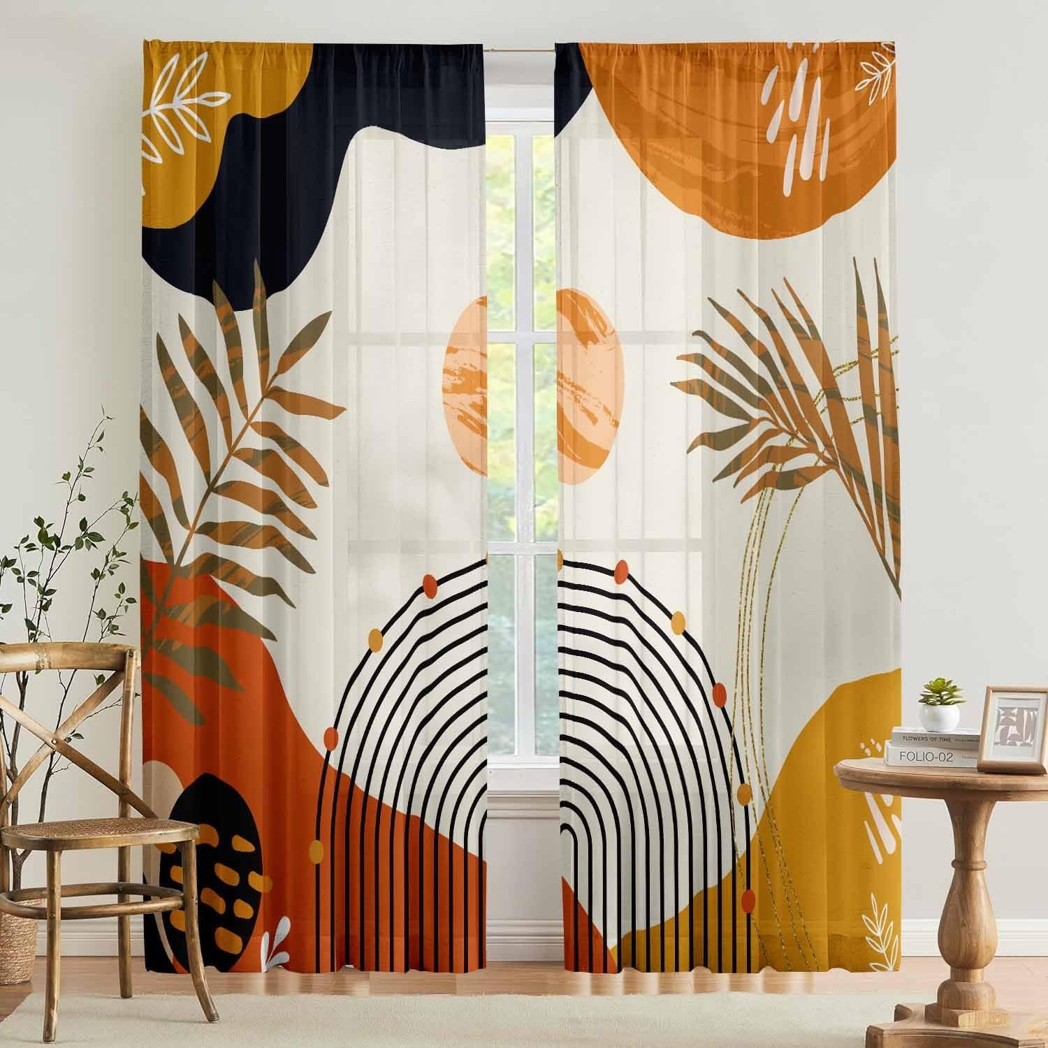 Boho Mid Century Abstract Leaves Curtains 52x84" - 2PC Colorful Geometric Drapes gallery