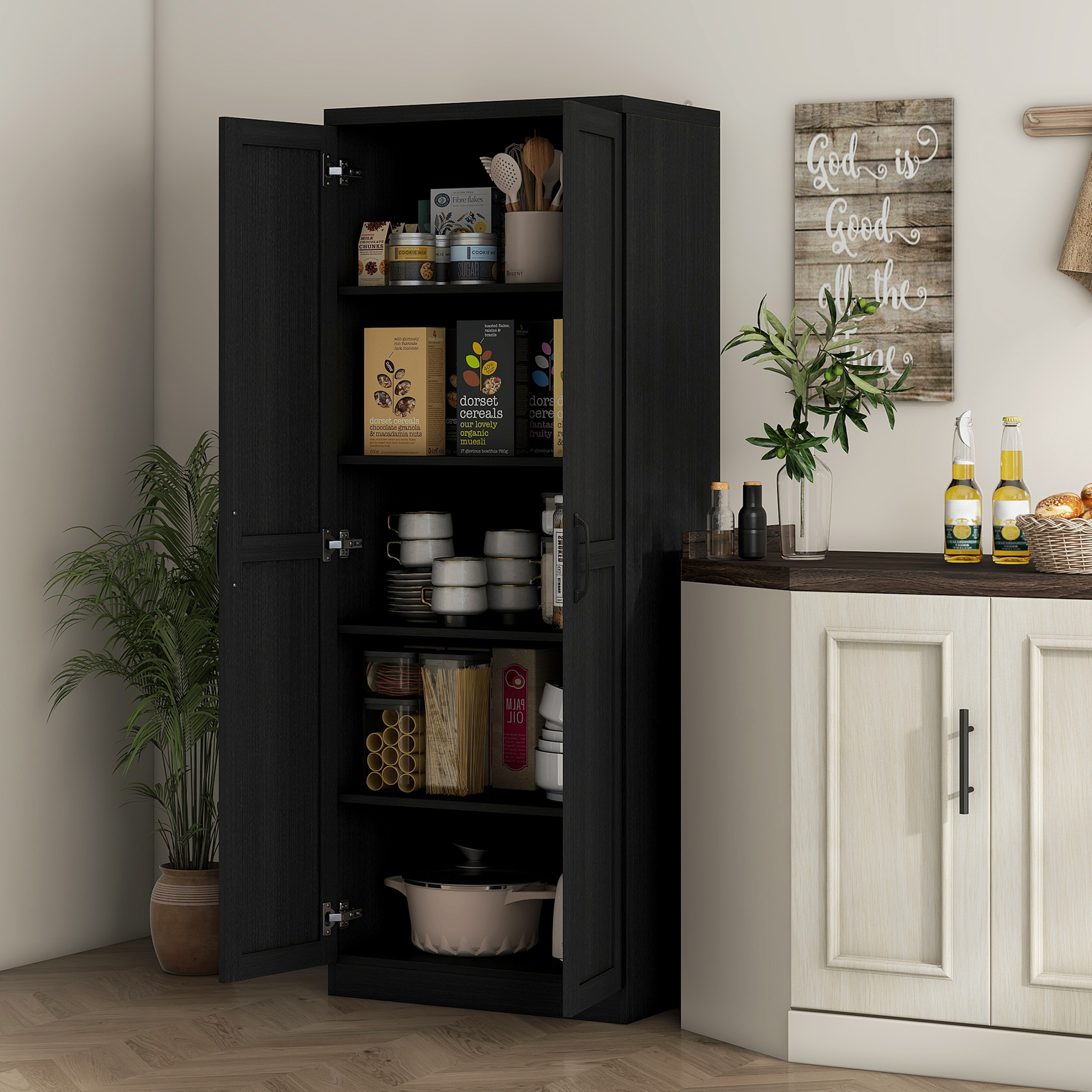 63" Rustic 2-Door Kitchen Freestanding Storage Cabinet Pantry Shelves, Brown gallery