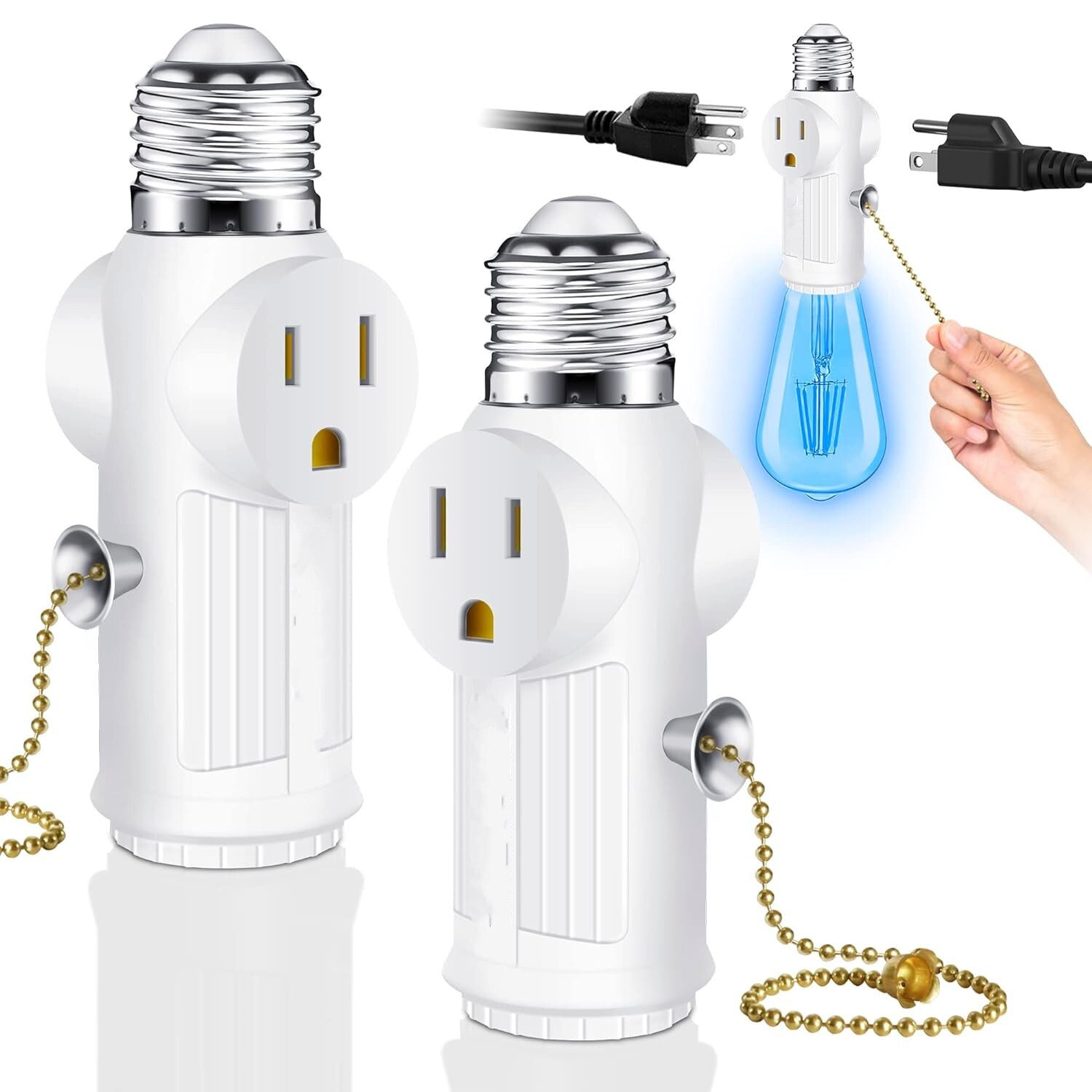 2 Pack Light Socket To Plug Adapter Pull Chain E26 Bulb Splitter Double 3 Prong gallery