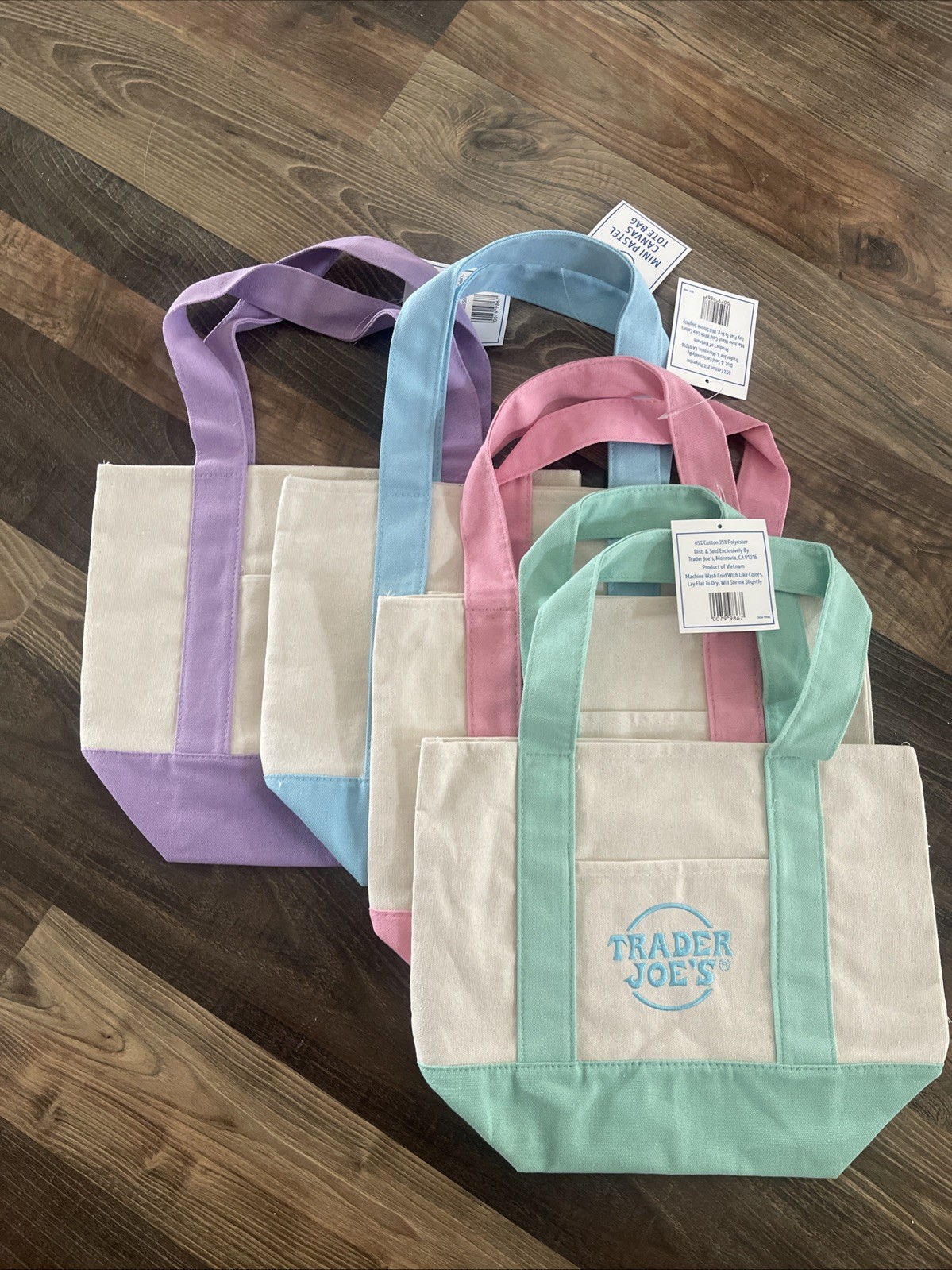 Trader Joe’s Mini Pastel Canvas Tote Bag Set Of 4 NWT Blue Green Pink Purple gallery