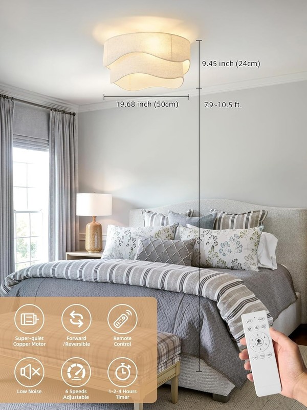 Flush Mount Boho Ceiling Fan 20" with Light and Remote Control – 6-Speed Beige gallery