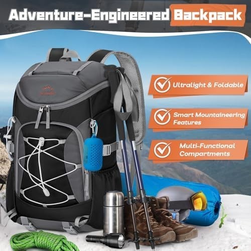 Hiking Backpack, 40L Lightweight Camping Backpack with Rain Cover, Black 2