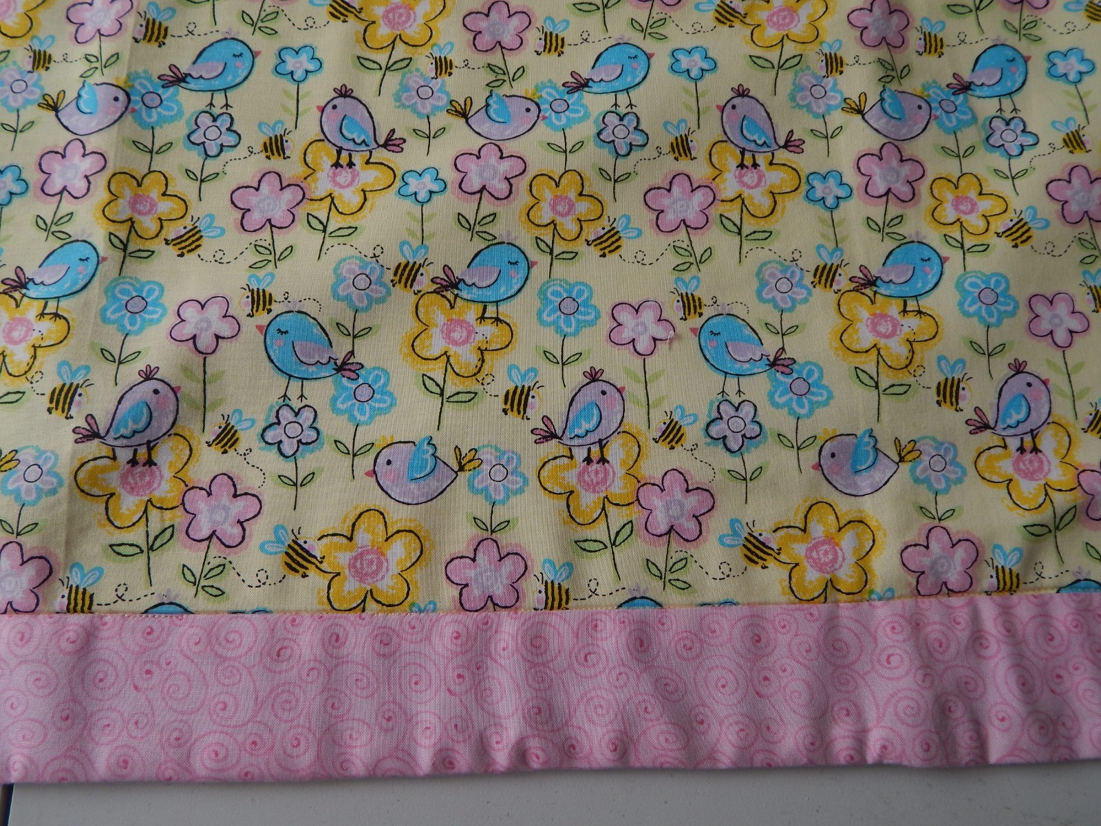 HANDCRAFTED REVERSIBLE QUILTED 42" SPRING CHICKS & FLOWERS PRINT" TABLERUNNER gallery