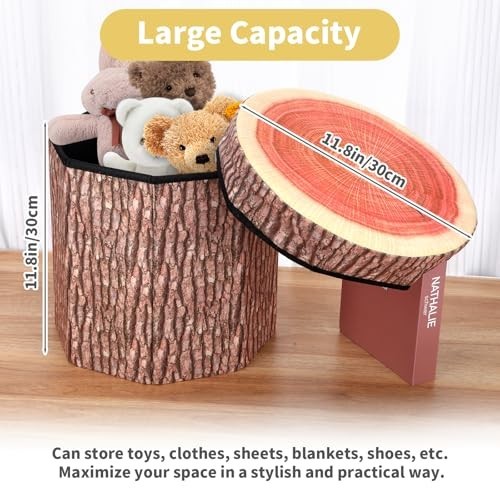 Multifunctional Round Storage Ottoman Cube, Tree Stump Stool, Foldable Toy Box, gallery