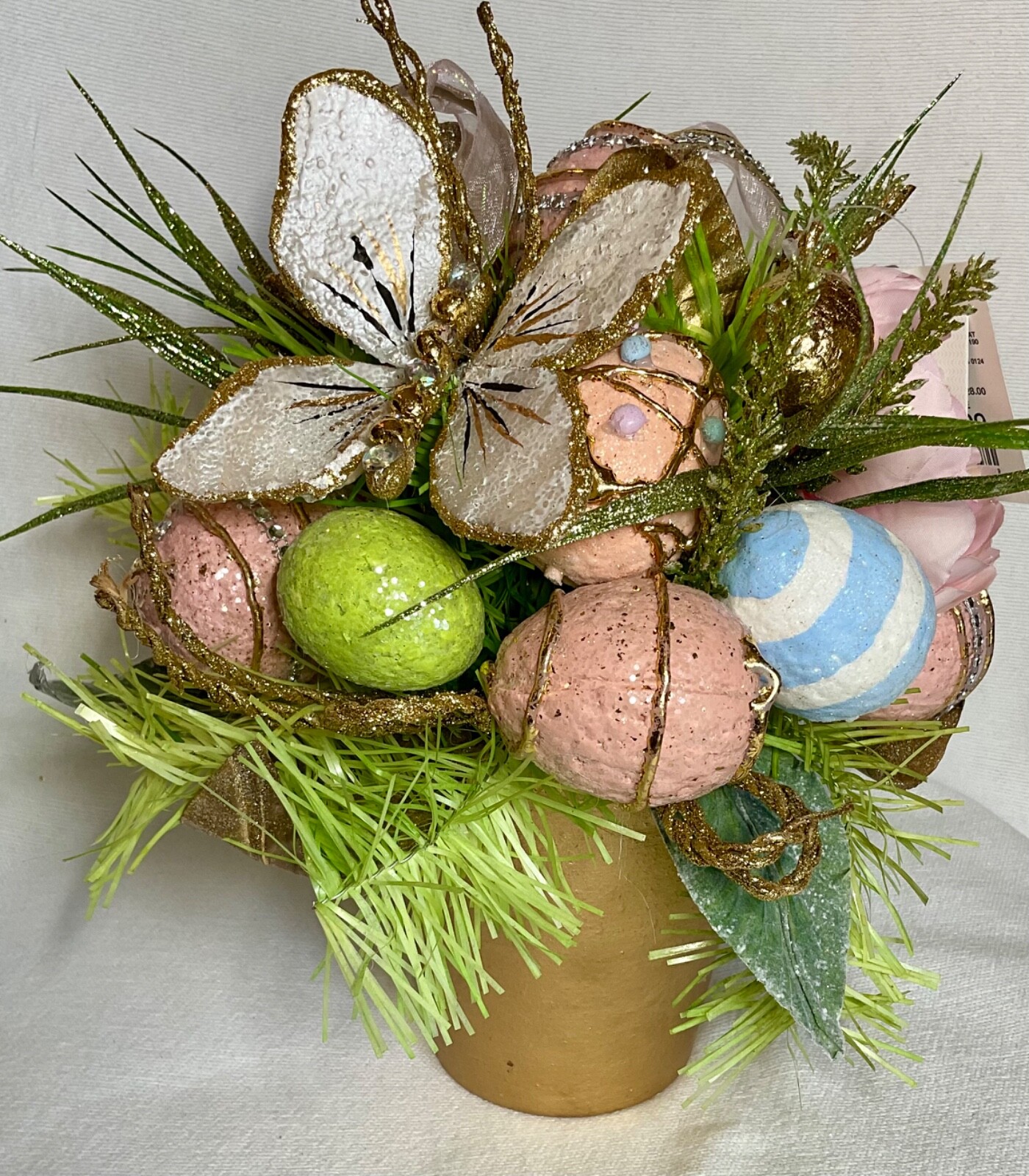 EASTER SPRING EGG FLOWER BUTTERFLY CAPIZ ARRANGEMANT 11 INCHES TALL PASTEL NWT gallery