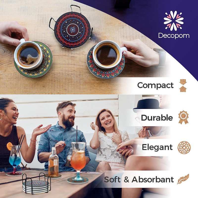 Mandala Drink Coasters with Holder 6 Set Ceramic Boho Coaster Drinks Absorbent gallery