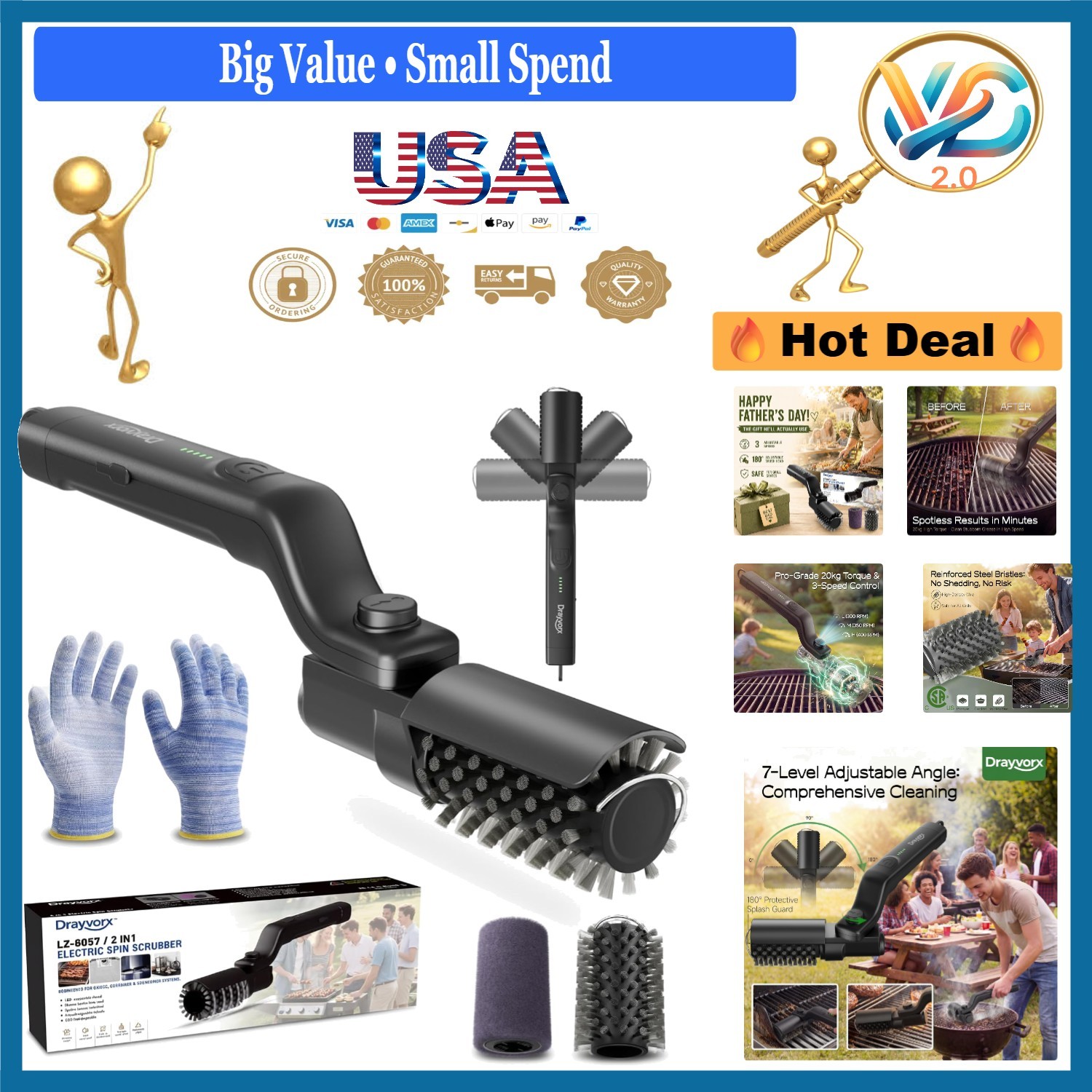 Electric Grill Brush 3-Speed Power Cleaner, 20kg Torque Wireless Rechargable gallery