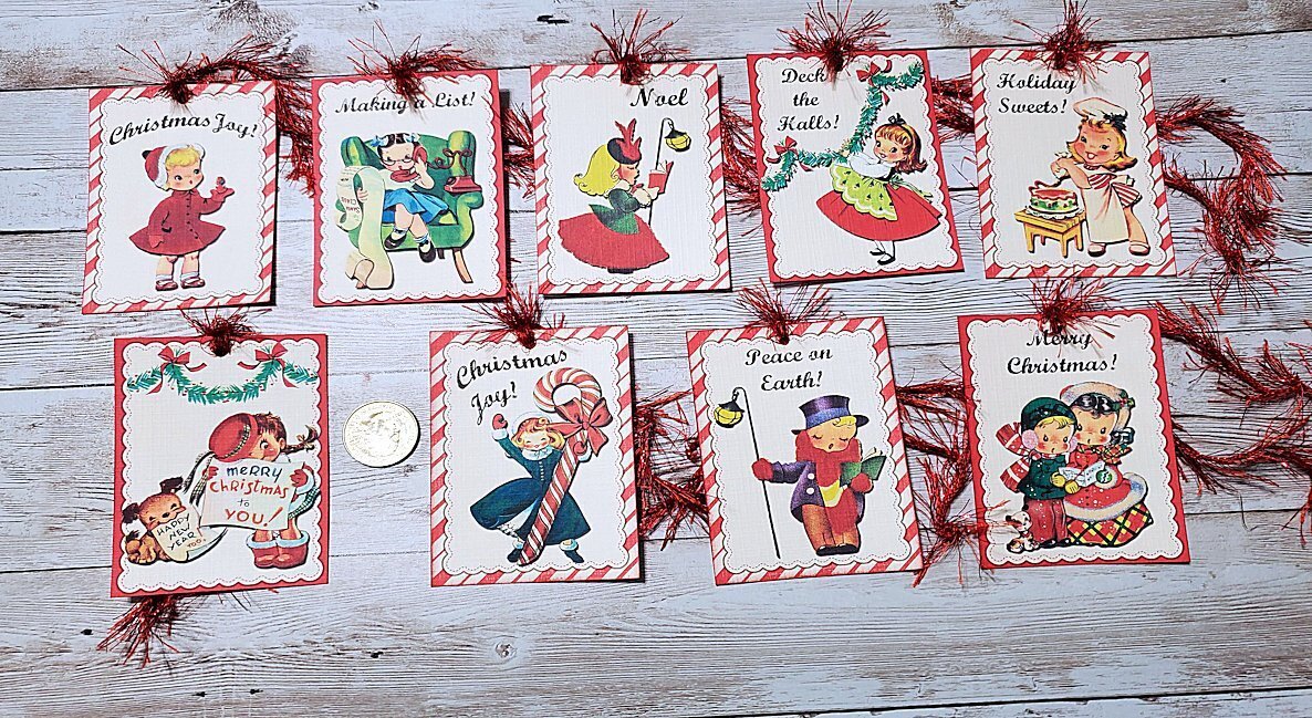 9~Christmas~Retro~Mid Century~Mod~Candy Cane~Kids~Linen Cardstock~Gift~Hang~Tags gallery