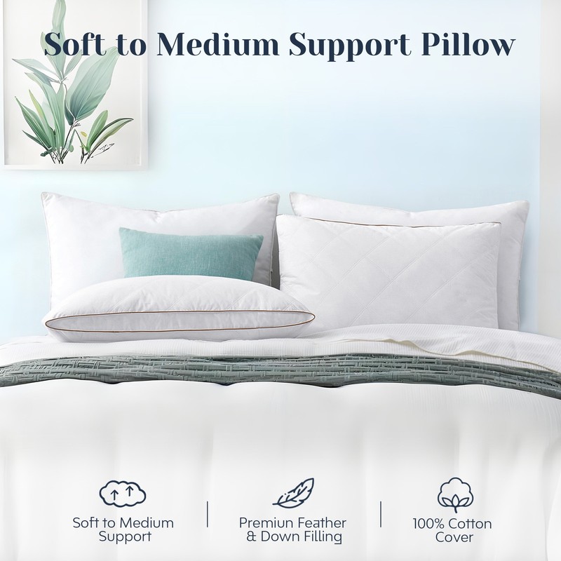 King or Queen Size Oval-shape Gusset Feather Bed Pillows Breathable Cotton Shell gallery