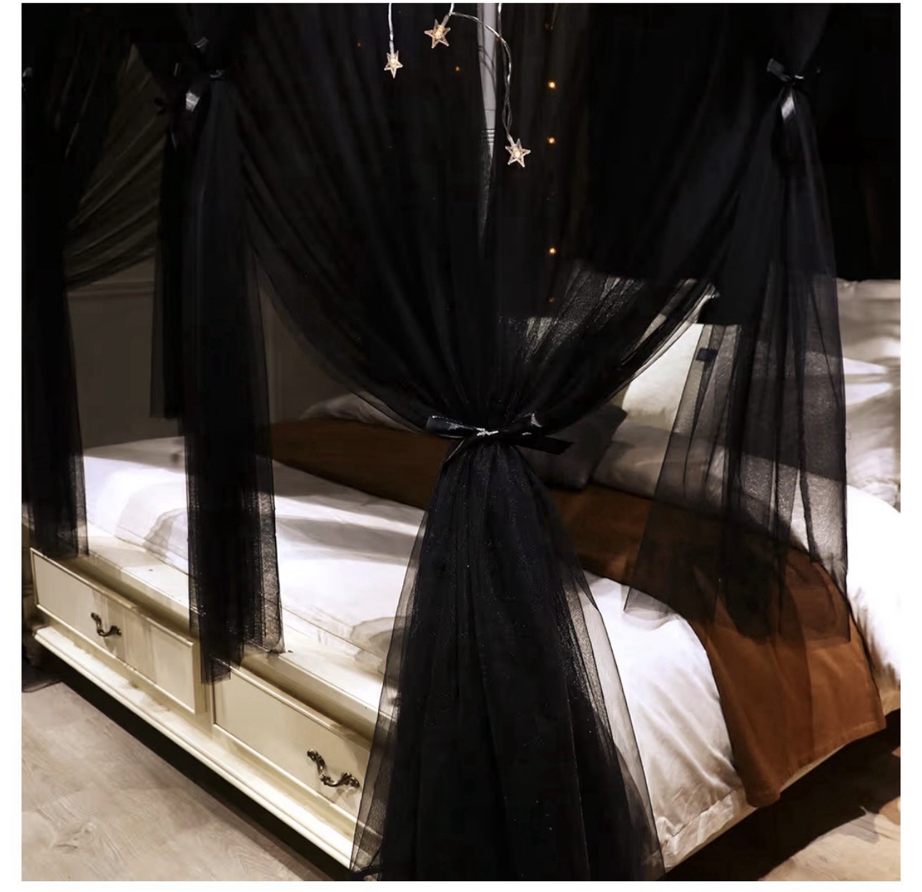 Queen Black Sheer Bed Canopy Netting, Polyester Solid Stars Theme, Tiebacks gallery
