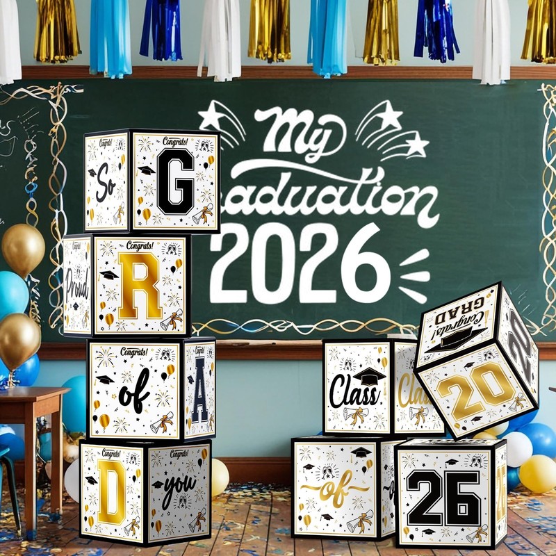 8 Pack Graduation Decorations 2026 - Black Gold Balloon Boxes for Class of 2026. gallery