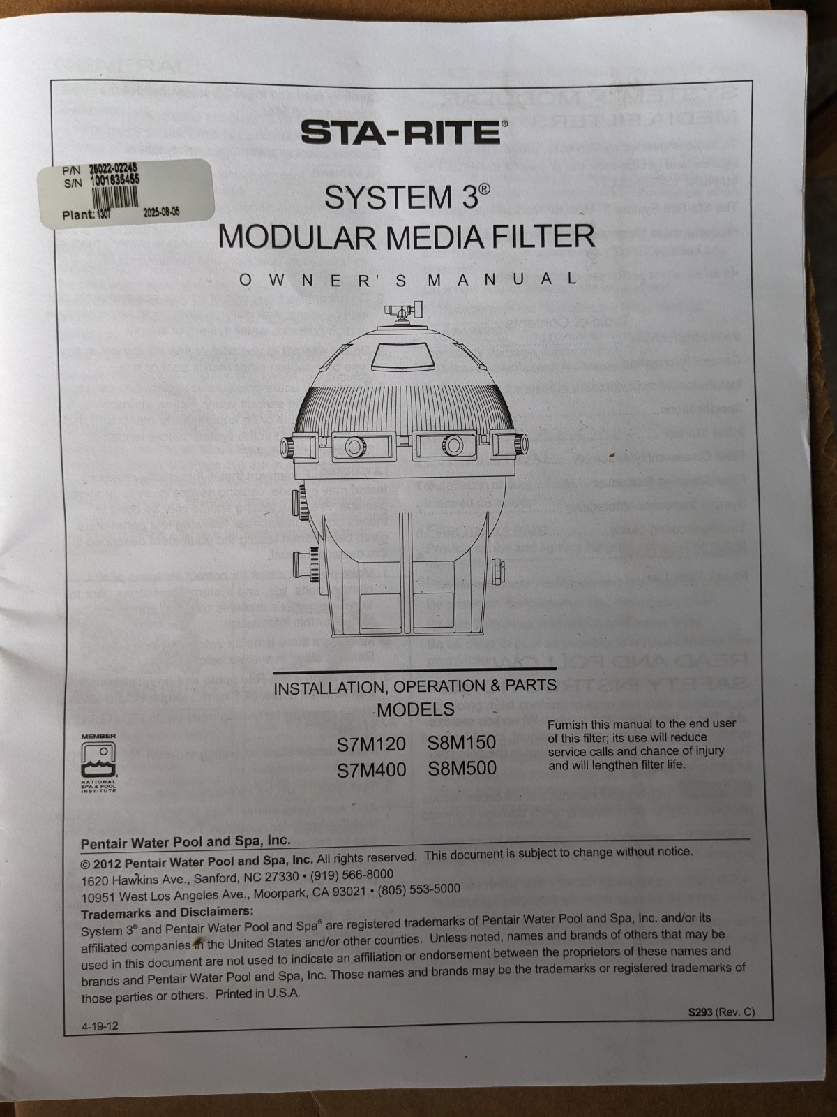 Pentair Large Outer Cartridge, Sta-Rite System 3 S7M400 Pool Filter 25022-0224S gallery