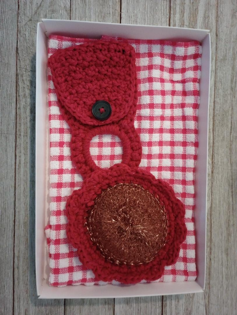 crochet handmade kitchen gift box set scrubby towel holder hanger red black gallery
