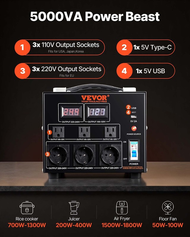 VEVOR 5000W Voltage Converter Transformer Step Up/Down 220V-110V /110V-220V CE gallery