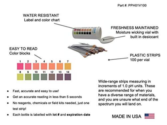 pH 1-14 Wide Range Test Strips [Moisture-Proof Vial of 100 Strips] Made in USA gallery