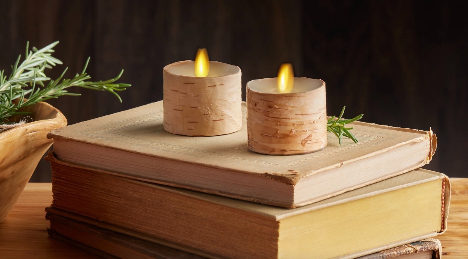 NWT Luminara Pottery Barn Real Birch Wrapped Flameless Tea Lights Set of 2 gallery