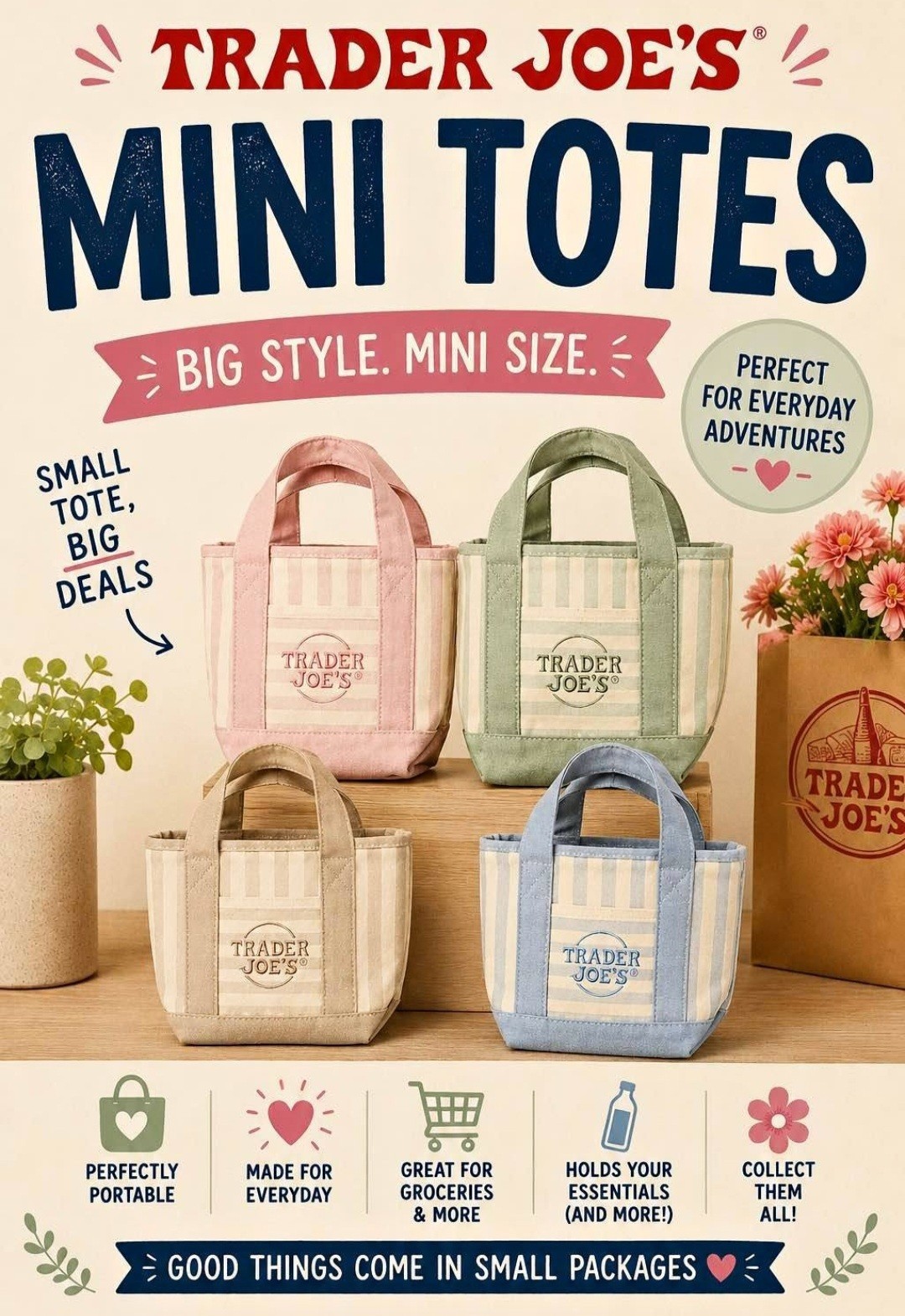 Trader Joe's Striped Mini Pastel Tote Bag Set, 4 Pack Canvas Reusable Multicolor gallery