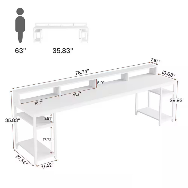 Moronia 78.7 In. Rectangular White Engineered Wood 2-Person Computer Desk with M gallery