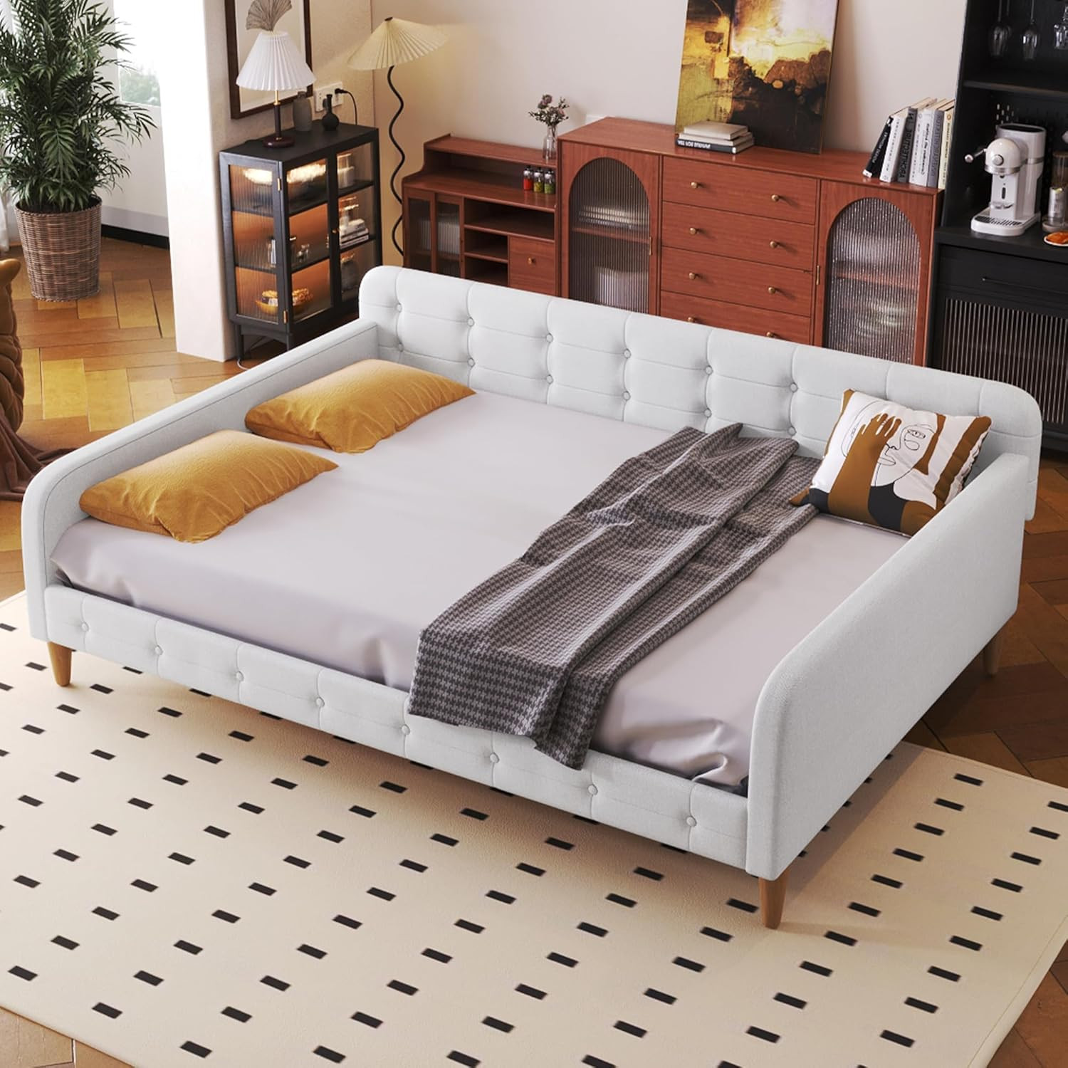 Stylish Beige Linen Daybed - 79" Full Size with Sturdy Wooden Legs gallery