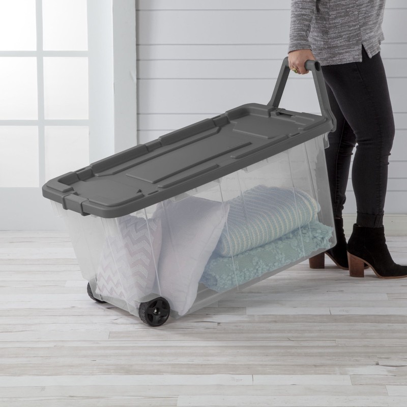 2 Pack Sterilite 160 Quart Wheeled Storage Bin Clear Pull Handle Tote gallery