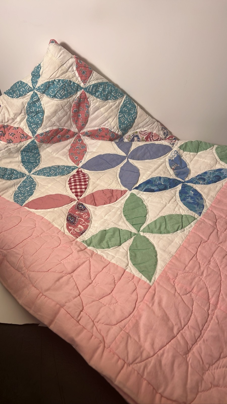 Hand Quilted Orange Peel Quilt Pink Blue Floral Patchwork Cottagecore Style gallery