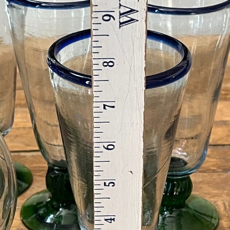 Hand Blown Mexican Glass Pitcher and Goblets Set of 5 Blue & Green Rim gallery