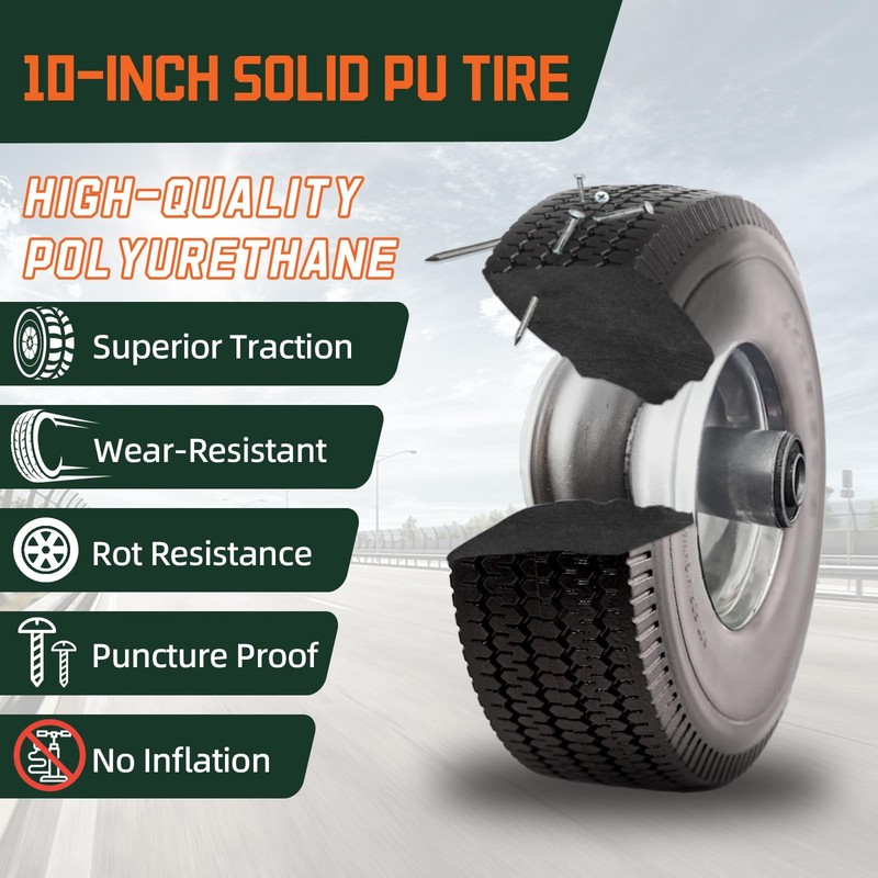 Tire Solid Polyurethane 10 Inch 4.10/3.50-4 5/8" Bearings 2.2" Offset Hub 2 Pack gallery