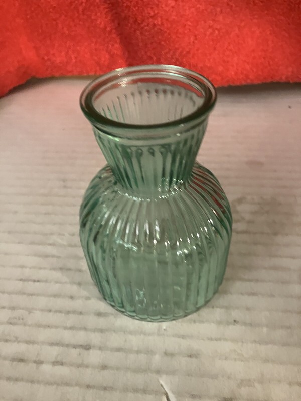 LIGHT TEAL GREEN BOTTLENECK VASE RIBBED WITH CHIFFON RIBBON 4” DWK126 gallery