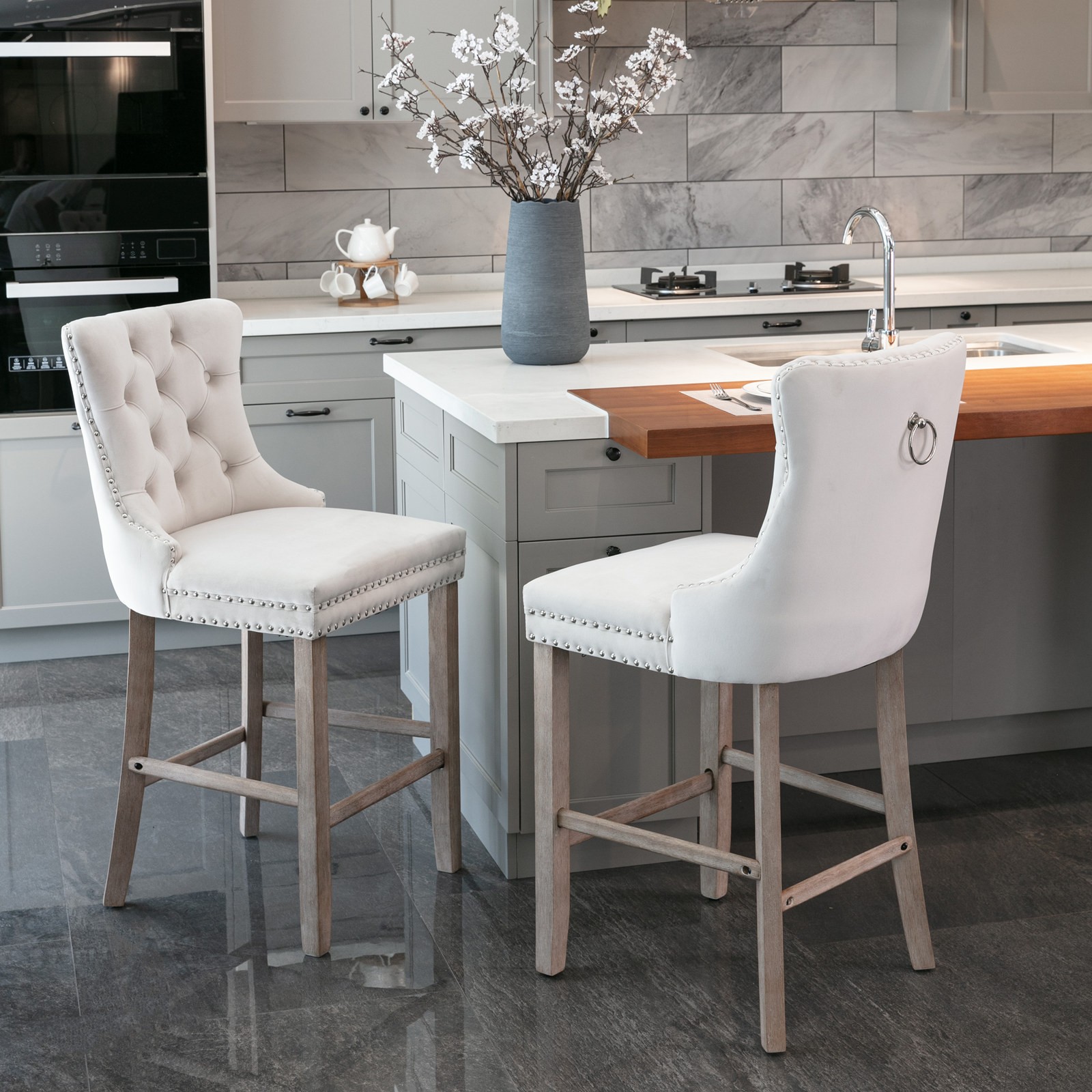 Contemporary Velvet Upholstered Barstools with Button Tufted Decoration and Wo gallery