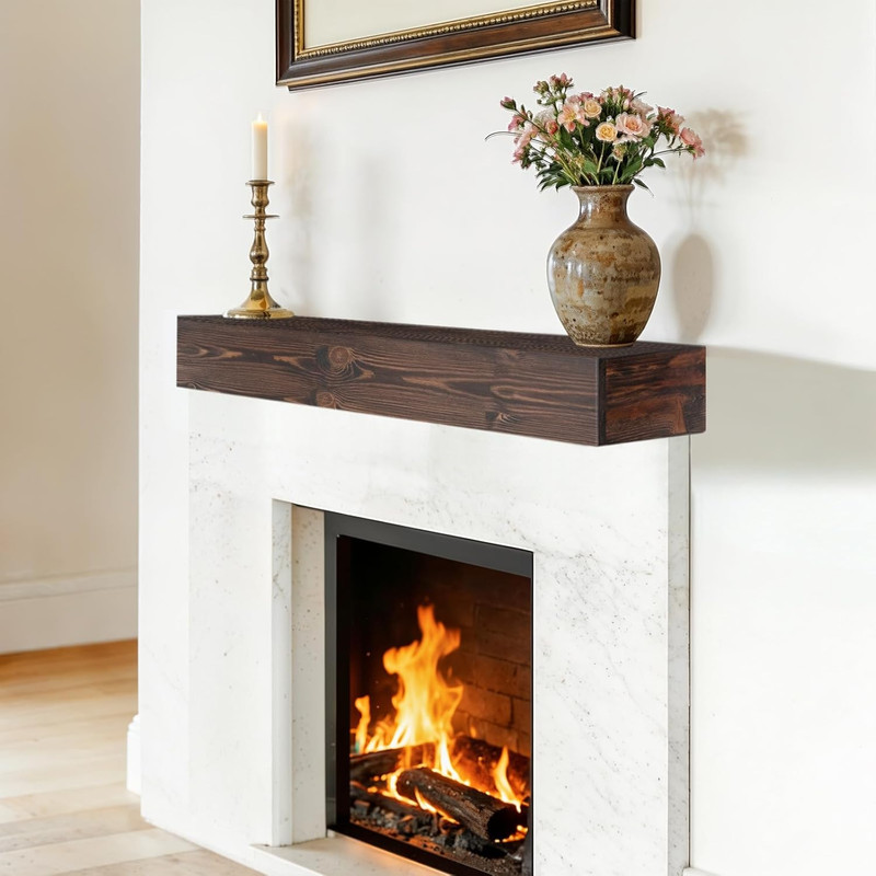 Rustic Dark Walnut Floating Fireplace Mantel Shelf - 48x8x5 Wall-Mounted Decor gallery