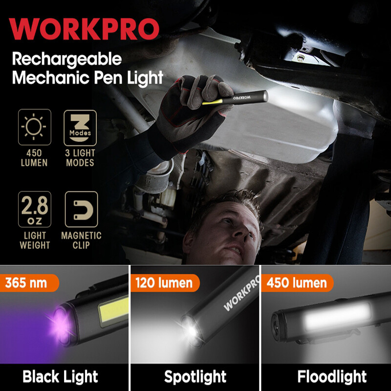 WORKPRO 450 Lumen USB Rechargable Pocket Pen Light LED Flashlight UV Black Light gallery
