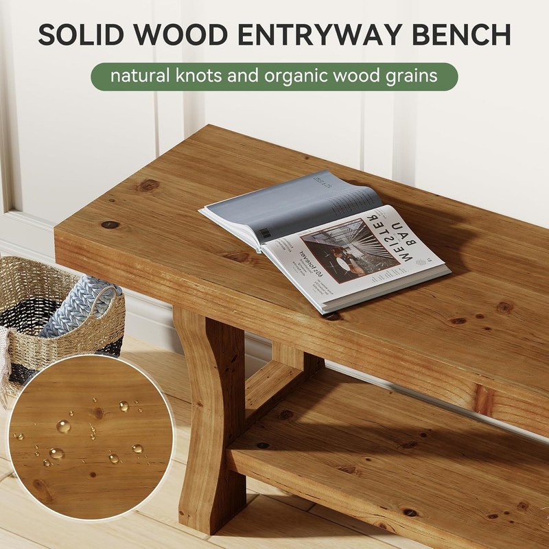 55-Inch Solid Wood Entryway Bench, Indoor End of Bed Bench with Storage Shelf gallery