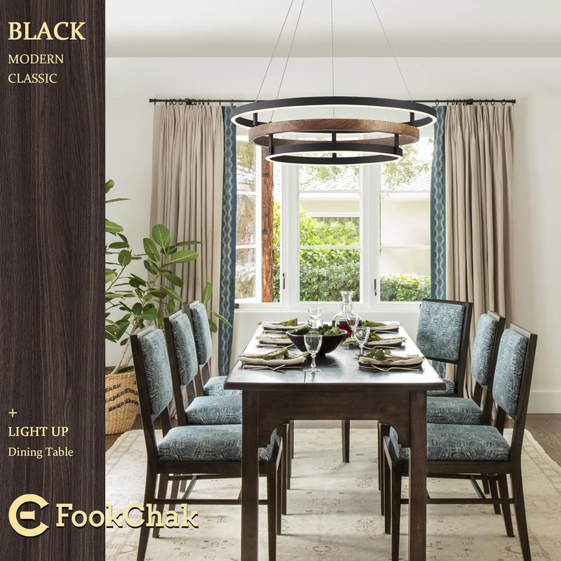 Dimmable Modern LED 3-Ring Black Wood Chandelier for Home & Office 24In gallery