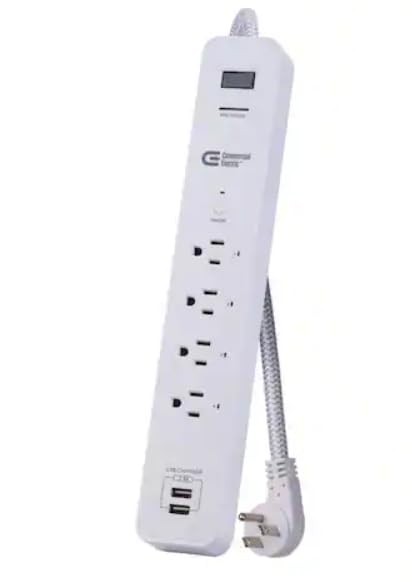 Commercial Electric 3 ft. 4-Outlet White Surge Protector Smart with USB gallery