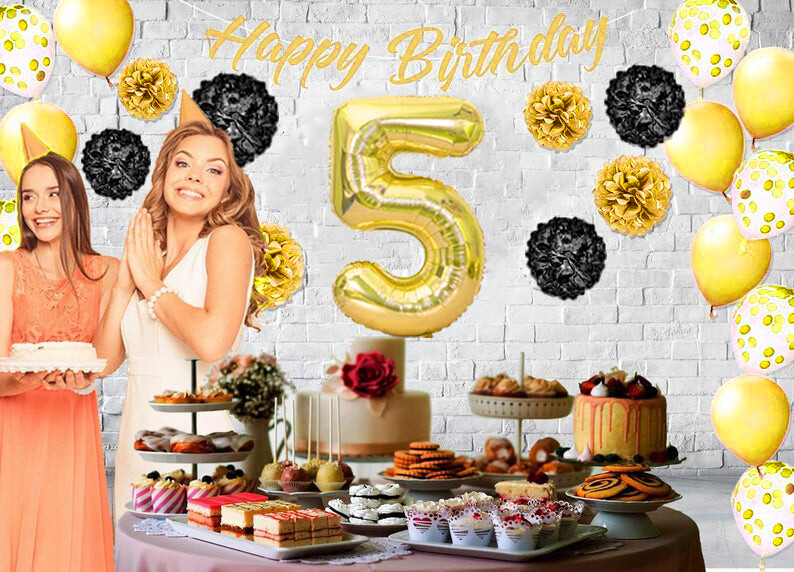 Gold & Black 5th Birthday Decorations - 40" Number Balloons & More - Boy or Girl gallery