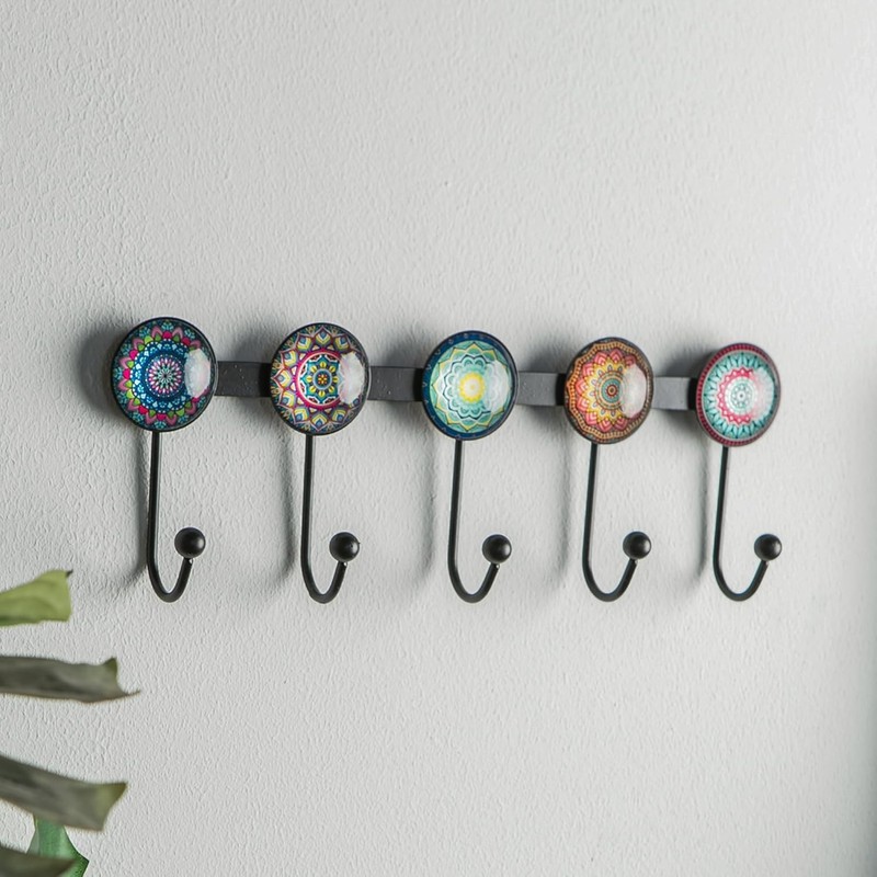 Boho Coat Rack Wall Mounted with 5 Hooks, Multi-Color Mandala Pattern Decorative gallery
