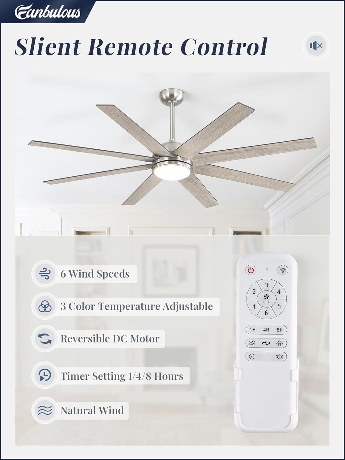 Large 65" Ceiling Fan with LED Light and Remote – Brushed Nickel DC Motor gallery